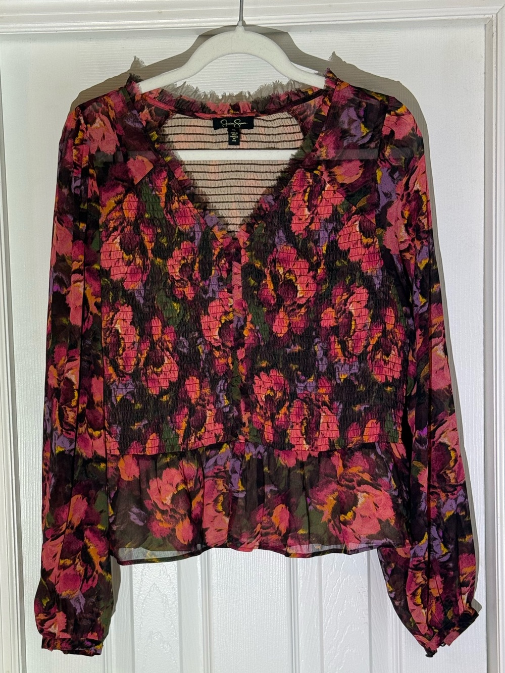 Jessica Simpson Pink Floral Smocked V-Neck Blouse